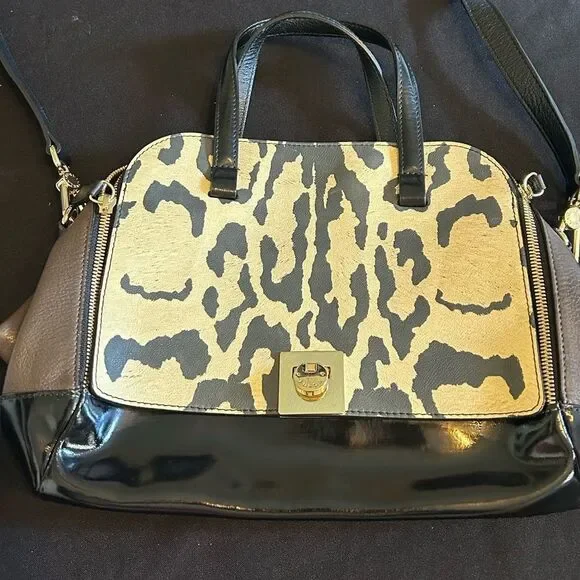 FURLA Leopard Print Black and Brown Handbag Good Condition - Picture 2 of 12